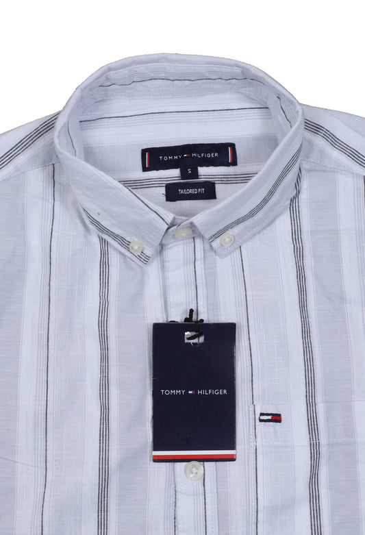 TOMMY HILFIGER Ethereal Silver Tailored Fit Striped Button-Up Shirt