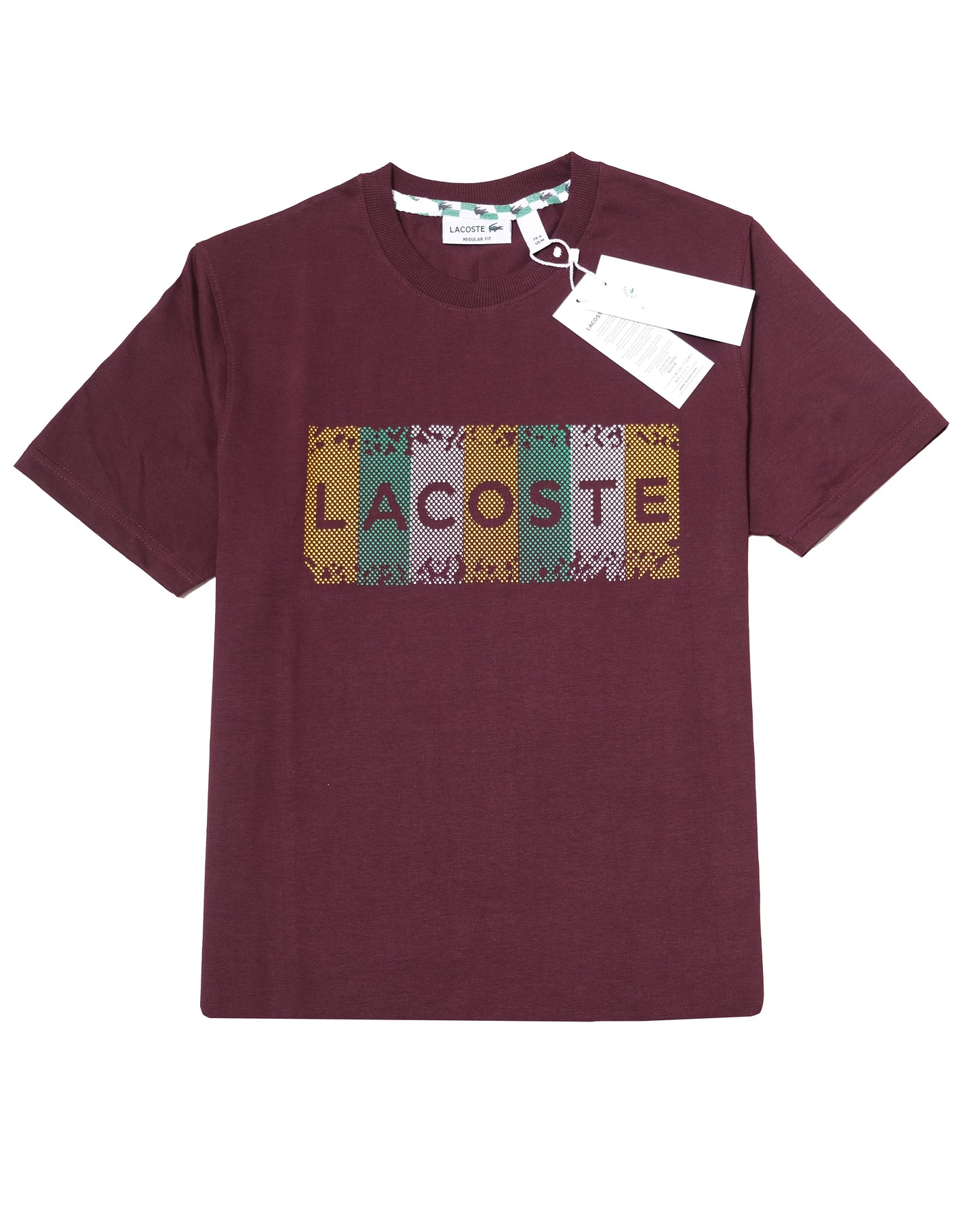 LACOSTE Burgundy Multi-Stripe Graphic Logo Crew Neck T-shirt