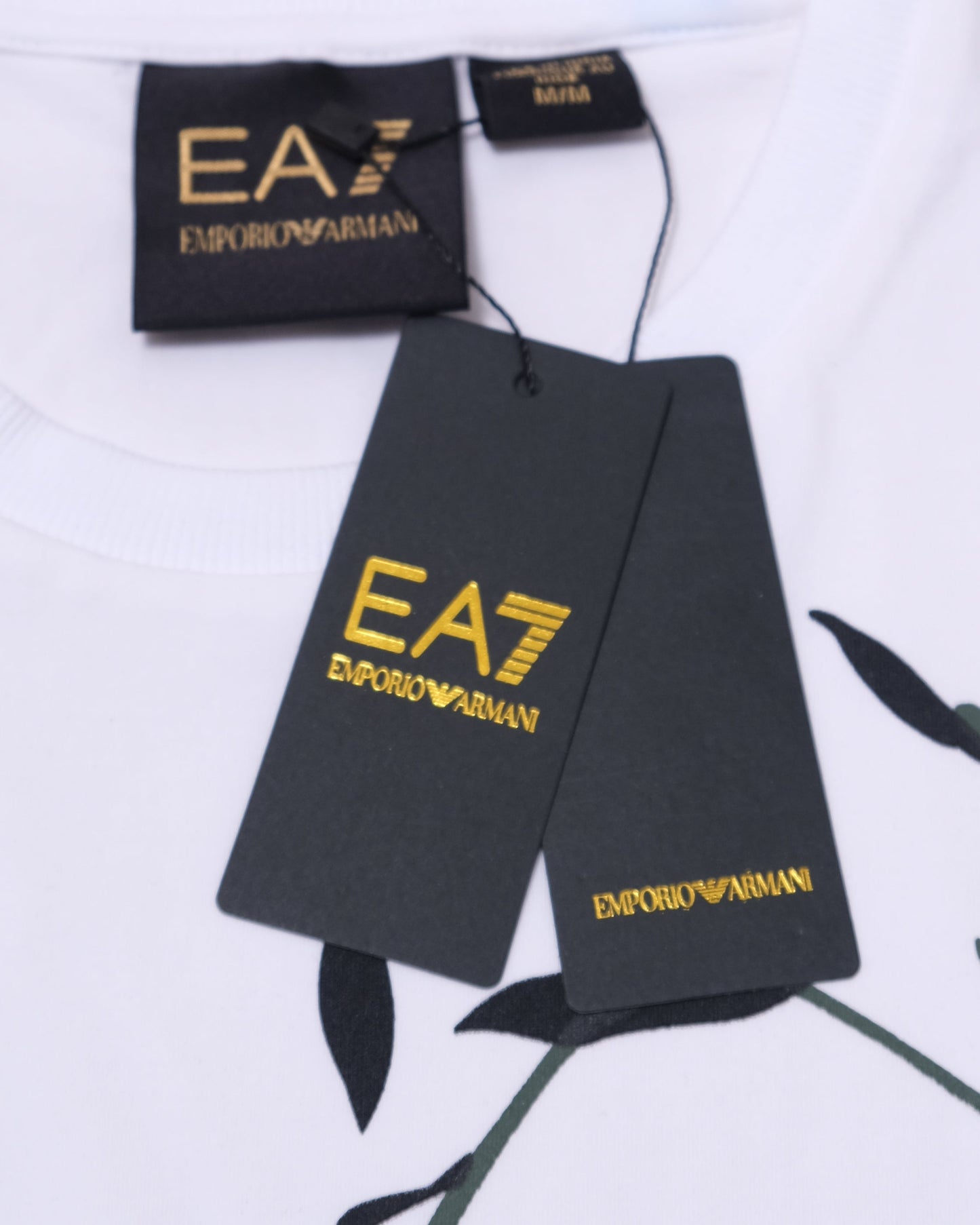 EA7 Emporio Armani White Olive Leaf Print Logo Graphic T-shirt