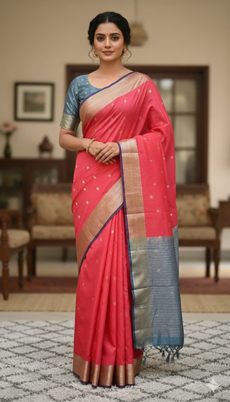 Elegant Weaves Coral Silk Saree with Golden Zari Border