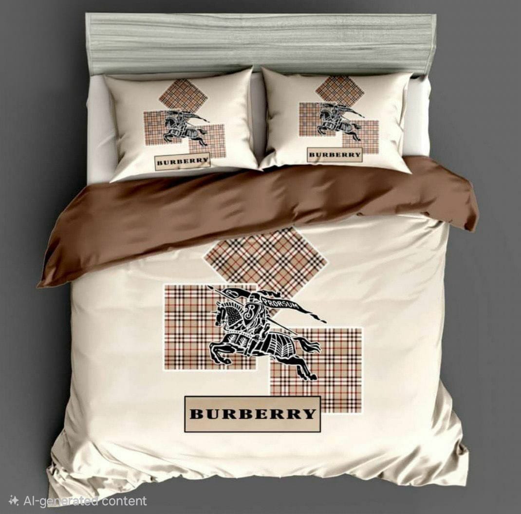 BURBERRY Golden Ember Opulent Check Horse Logo King Size Bedding Set