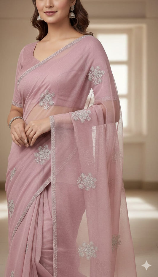 Elegant Attire Embroidered Pink Sari with Matching Stole