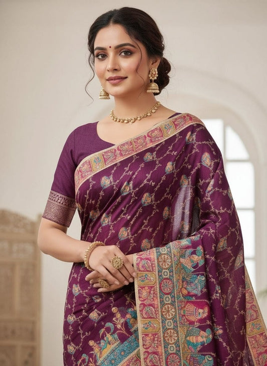 Ethnic Elegance Regal Purple Silk Saree with Intricate Border