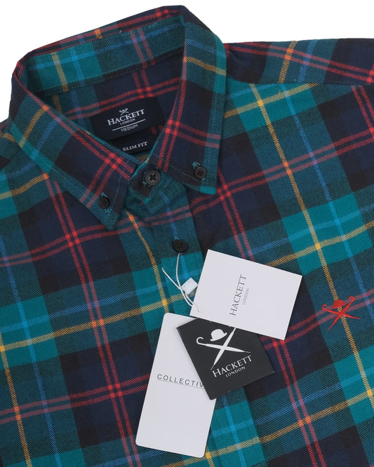 HACKETT LONDON Teal Black Multi Check Long Sleeve Flannel Shirt