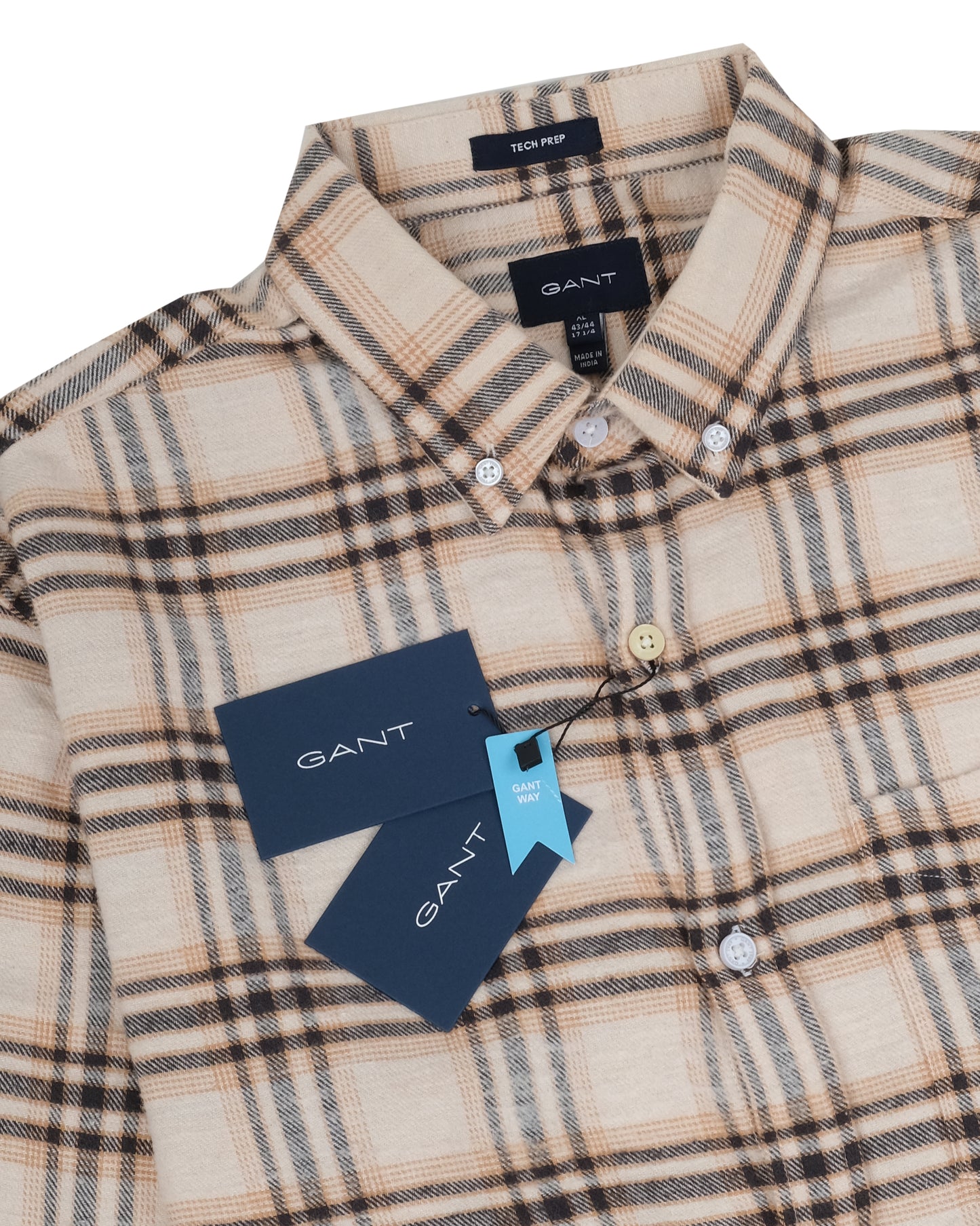 GANT Beige Brown Check Flannel Button-Down Long Sleeve Shirt
