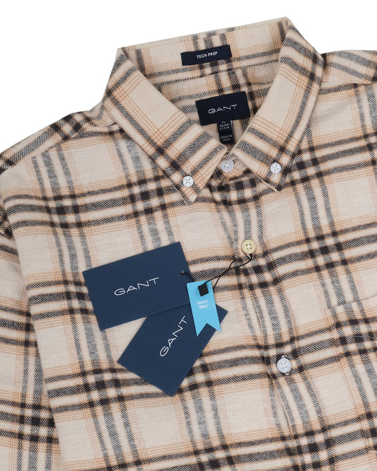 GANT Beige Brown Check Flannel Button-Down Long Sleeve Shirt