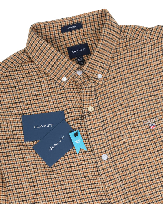 GANT Camel Brown Micro Check Long Sleeve Oxford Shirt