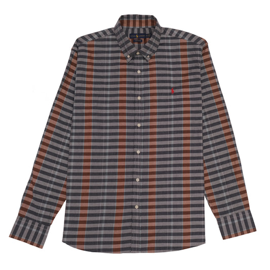 RALPH LAUREN Plaid Grey and Rust Classic Fit Button-Down Shirt