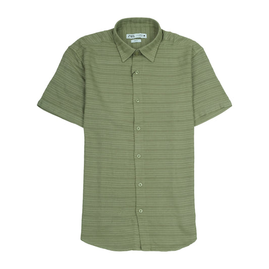 ZARA Mystic Olive Slim Fit Short Sleeve Button-Up Shirt