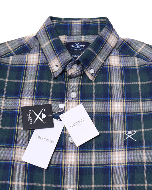 HACKETT LONDON Navy Green Slim Fit Tartan Check Button-Down Shirt