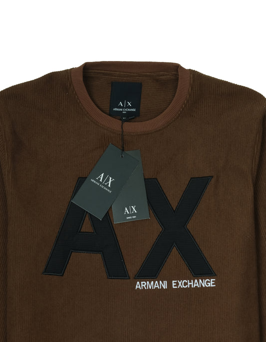ARMANI EXCHANGE AX Brown Corduroy Logo Crewneck Sweatshirt