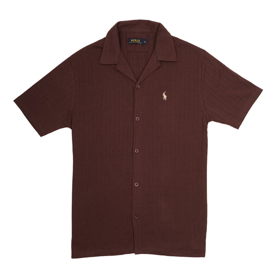 POLO Brown Ribbed Short Sleeve Button-Up Shirt
