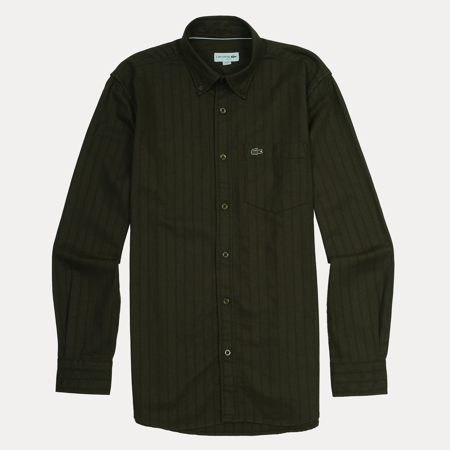 Lacoste Men's Long Sleeve Striped Button-Up Shirt in Olive Green