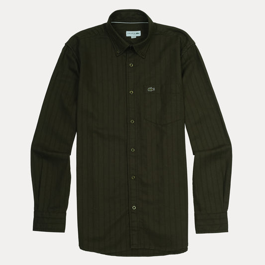 Lacoste Men's Long Sleeve Striped Button-Up Shirt in Olive Green