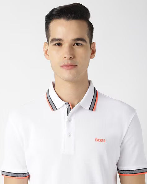 BOSS White Contrast Trim Polo Shirt