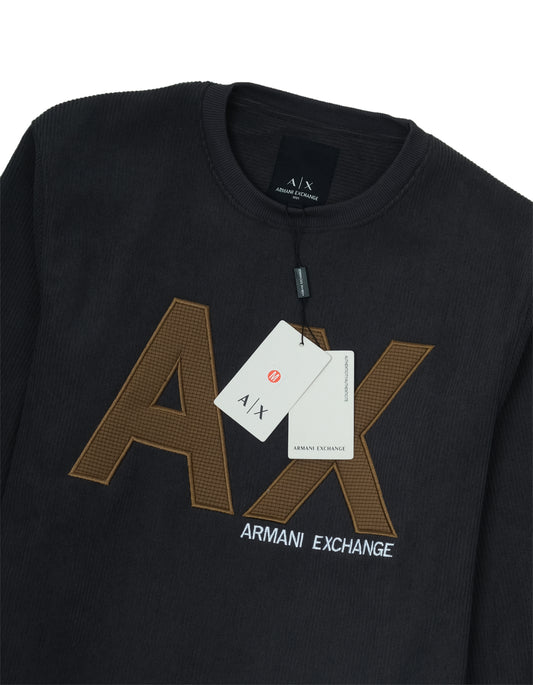 ARMANI EXCHANGE Black Gold AX Logo Ribbed Crewneck Sweatshirt