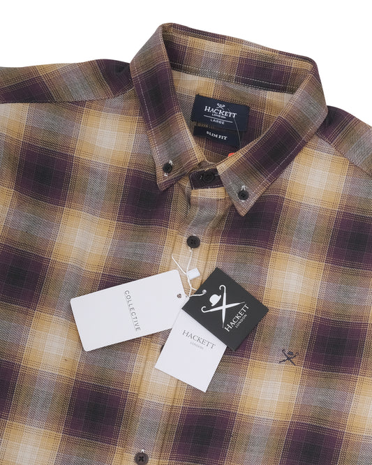 HACKETT LONDON Tan Olive Purple Highland Plaid Button-Down Flannel Shirt