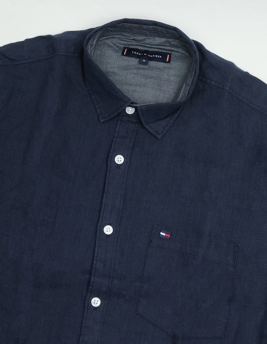 TOMMY HILFIGER Navy Blue Linen Classic Fit Long Sleeve Shirt