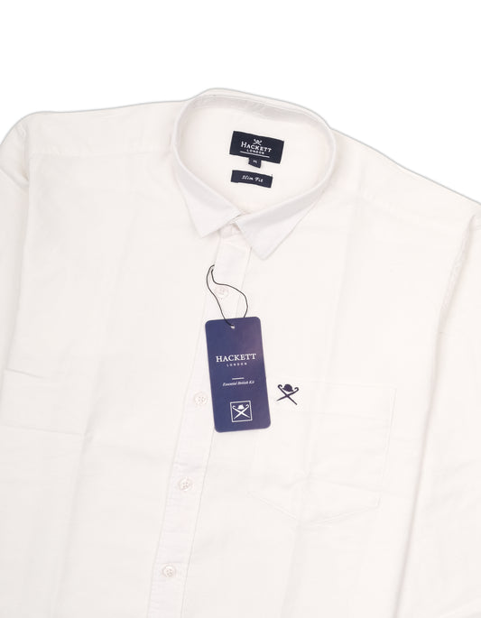 HACKETT LONDON Classic White Long Sleeve Chest Embroidered Oxford Shirt