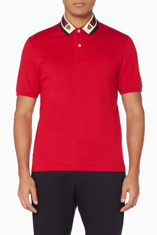 GUCCI Red Cotton Polo Shirt with Iconic Striped Collar