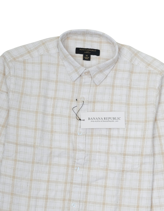 Banana Republic Beige White Long Sleeve Plaid Cotton Shirt