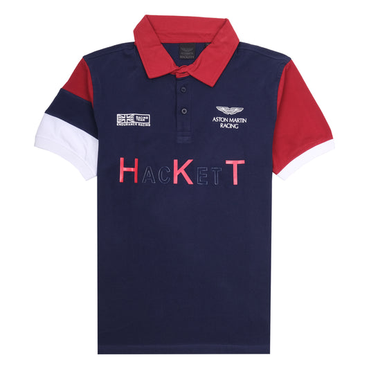 HACKETT Aston Martin Racing Navy Red Color Block Polo Shirt