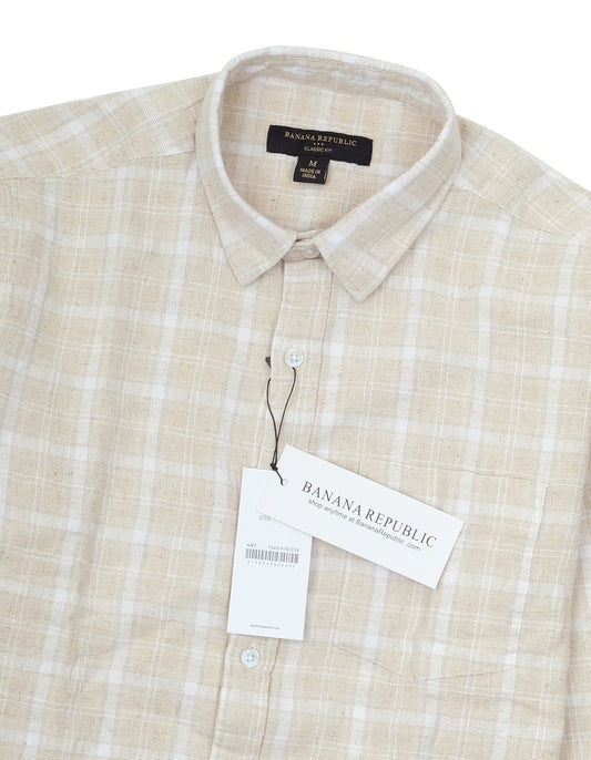 Banana Republic Beige Linen Blend Long Sleeve Plaid Button-Up Shirt