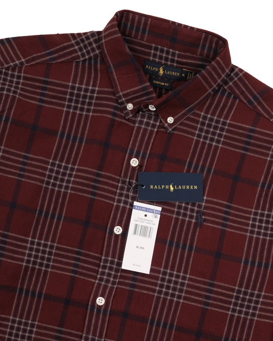 POLO RALPH LAUREN Burgundy Navy Long Sleeve Heritage Plaid Oxford Shirt