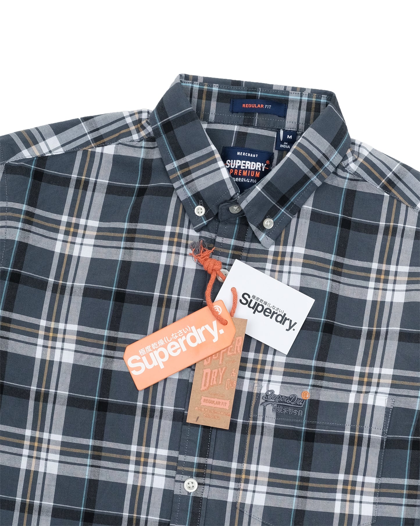 SUPERDRY Navy Grey Tartan Worker Long Sleeve Check Shirt