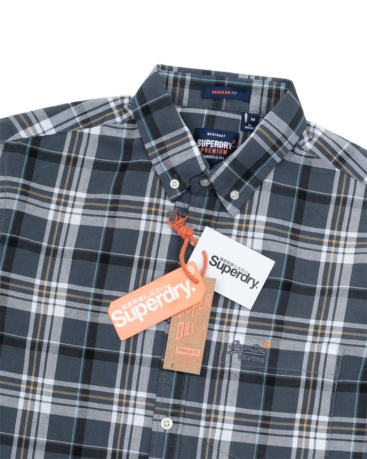 SUPERDRY Navy Grey Tartan Worker Long Sleeve Check Shirt