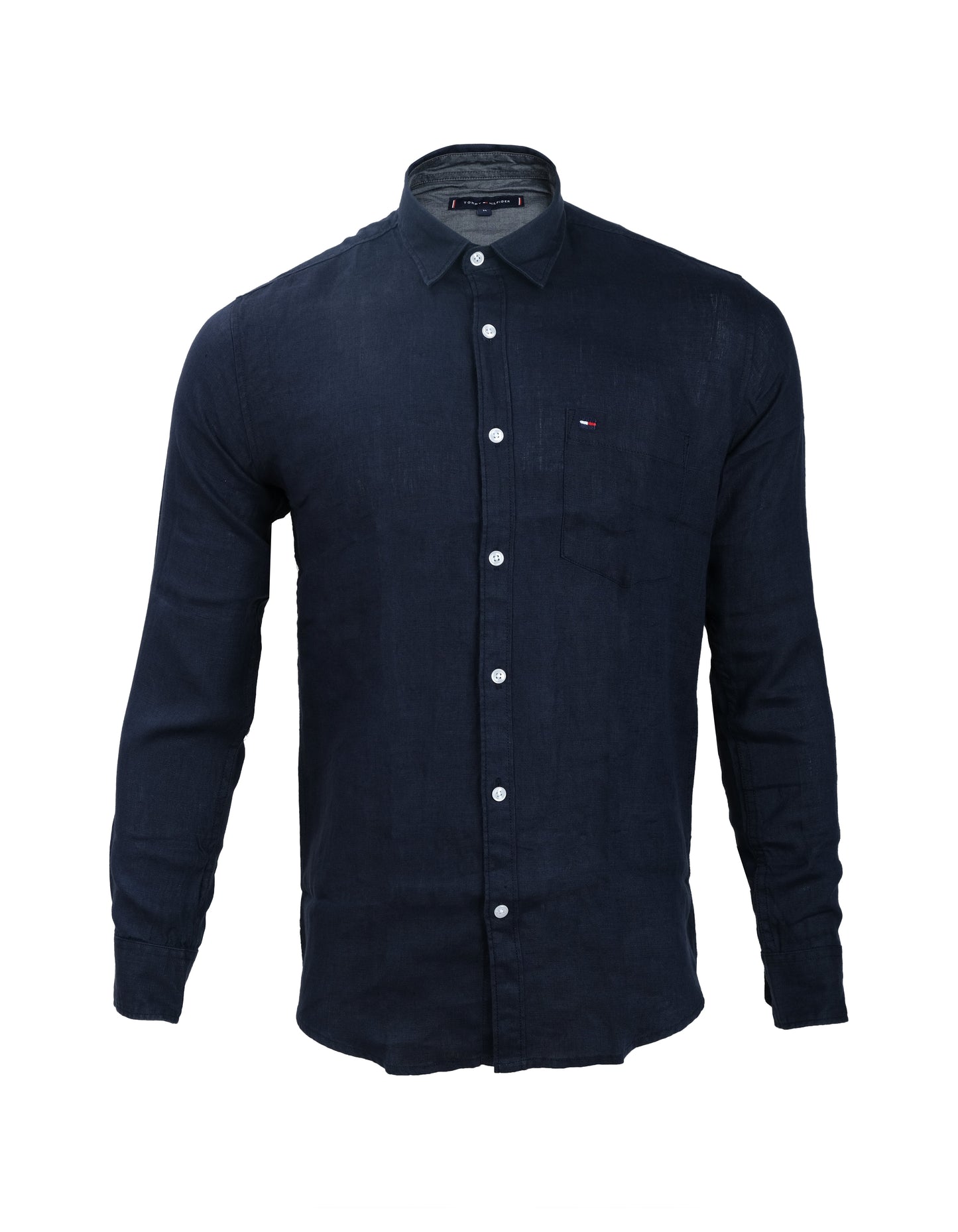 TOMMY HILFIGER Navy Blue Linen Classic Fit Long Sleeve Shirt