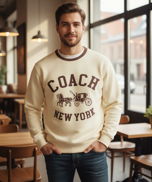 Coach Logo Heavy Quality Sweatshirt In Cream and Mocha - Premium Winter Collection