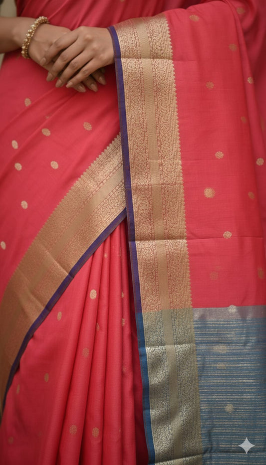 Elegant Weaves Coral Silk Saree with Golden Zari Border