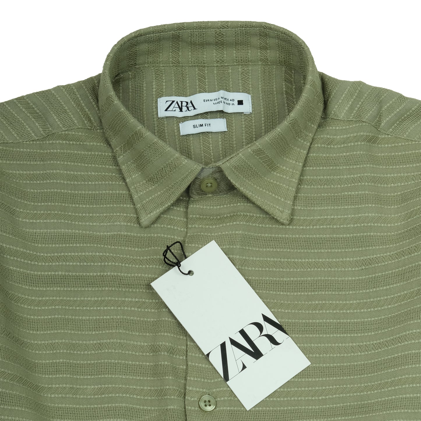 ZARA Mystic Olive Slim Fit Short Sleeve Button-Up Shirt
