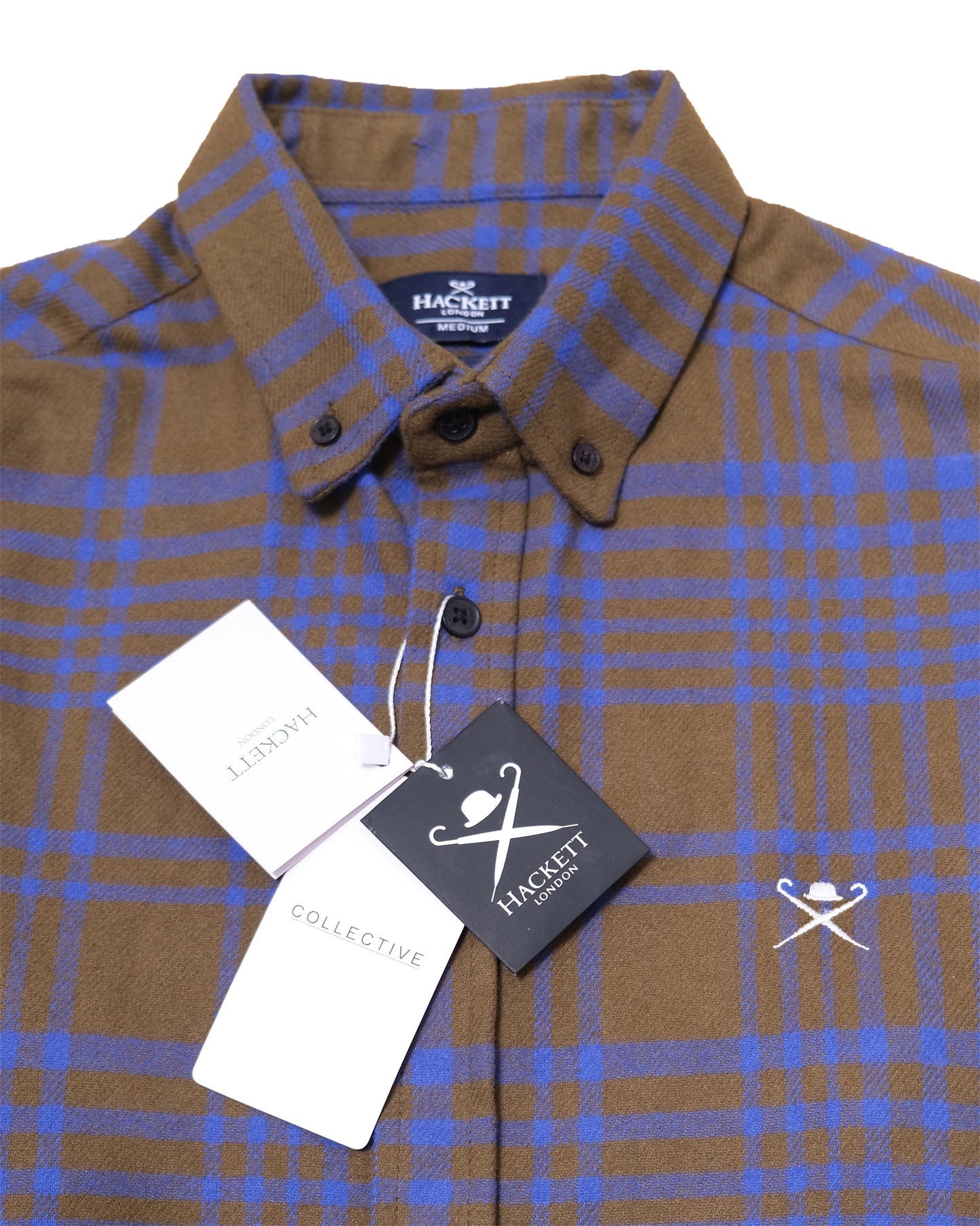 HACKETT LONDON Brown Blue Plaid Brushed Cotton Button-Down Shirt
