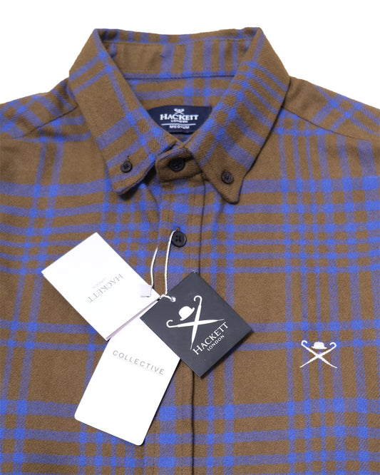 HACKETT LONDON Brown Blue Plaid Brushed Cotton Button-Down Shirt