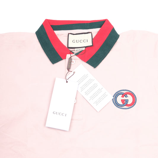 GUCCI Pink Cotton Polo Shirt with Red and Green Stripes