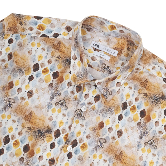 ZARA Brown Geometric Diamond Print Short Sleeve Shirt
