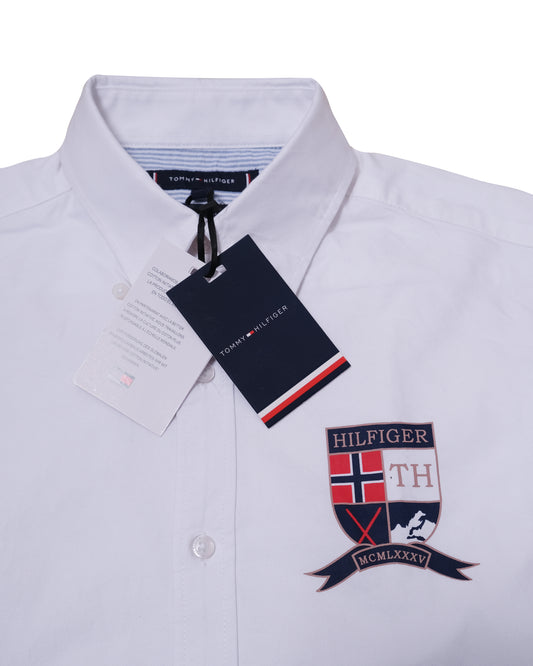 TOMMY HILFIGER White Oxford Crest Embroidery Long Sleeve Shirt