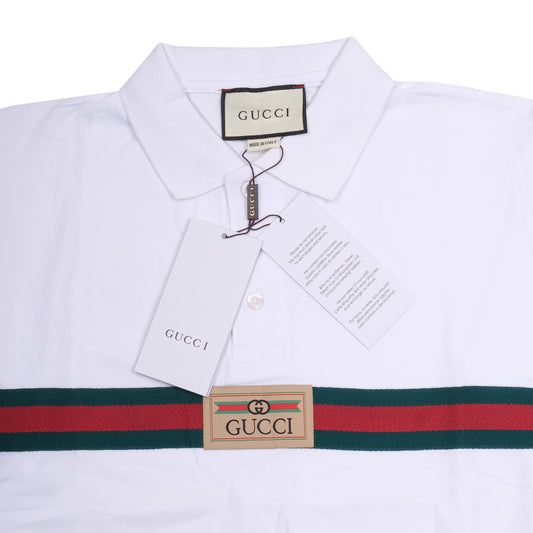 GUCCI White Cotton Stripe Logo Polo Shirt