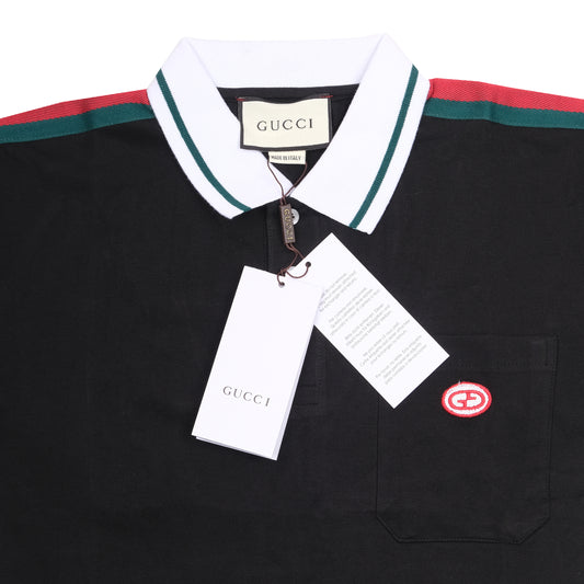 GUCCI Black Cotton Polo Shirt with Red and Green Stripes