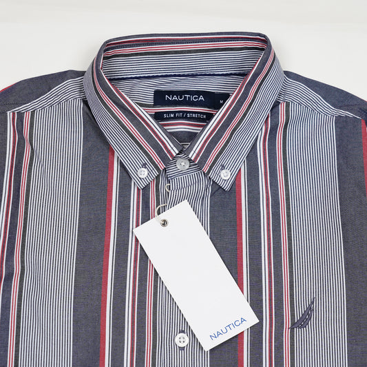 NAUTICA Oceanic Slate Tailored Fit Long Sleeve Striped Shirt