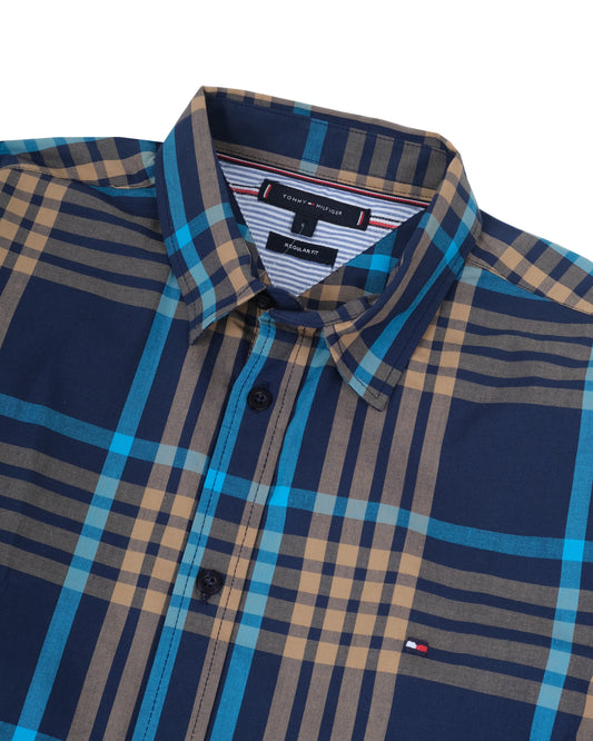 TOMMY HILFIGER Navy Beige Teal Plaid Essential Long Sleeve Shirt