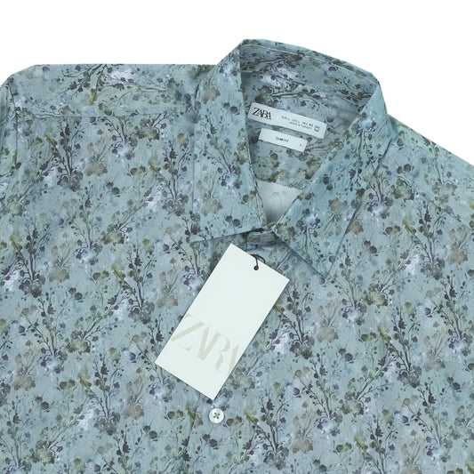 ZARA Sage Green Floral Print Short Sleeve Vacation Shirt