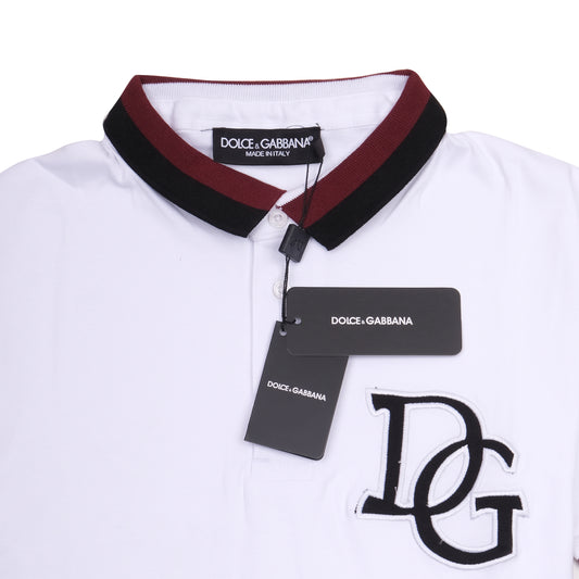 DOLCE&GABBANA White Polo with Burgundy Trim and Logo
