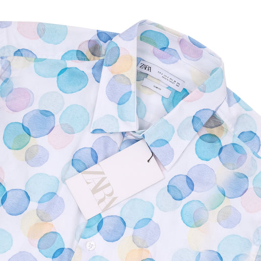 ZARA Pastel Blue Multicolor Overlapping Dots Short Sleeve Cotton Shirt