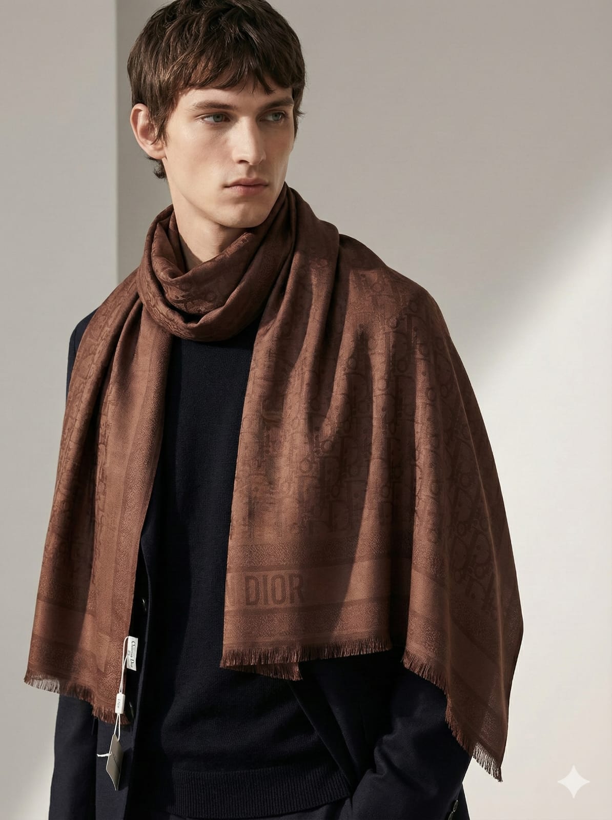 Dior Monogrammed Brown Cashmere Blend Scarf