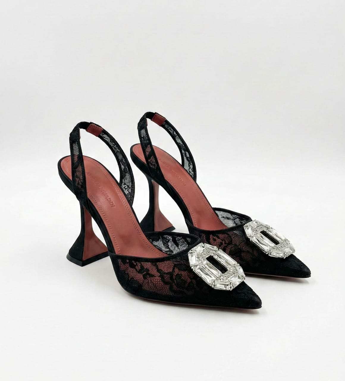 Amina Muaddi Lace Slingback Heels with Crystal Buckle
