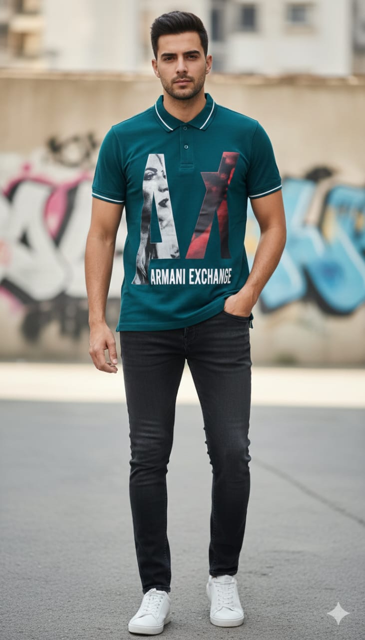 ARMANI EXCHANGE Graphic Polo Shirt in Teal