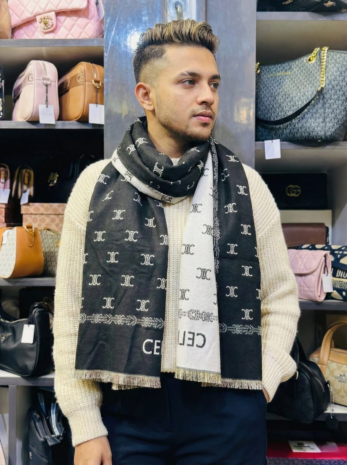 CELINE Monogrammed Wool Blend Scarf